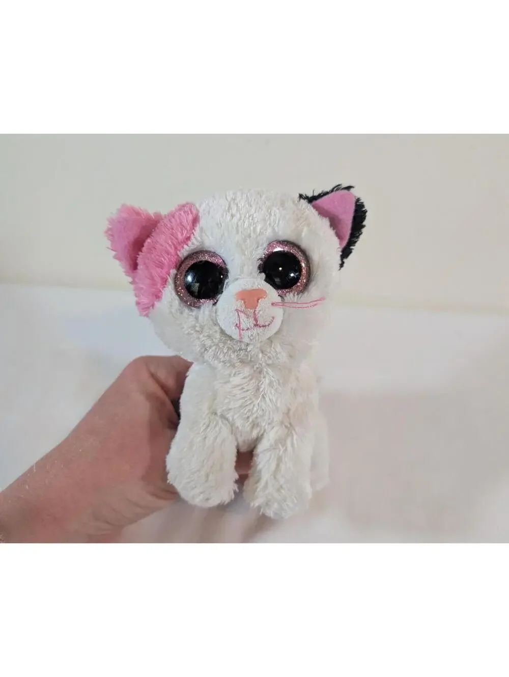 Ty Beanie Boo White Plush Cat with Pink and Black Ears 2014